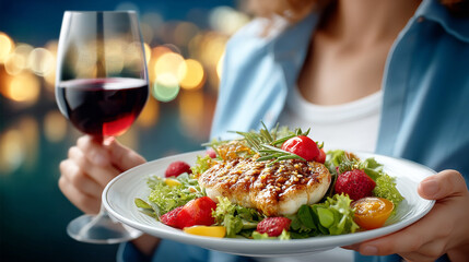 Wine and Gourmet Delight: An elegant, photorealistic composition showcasing a woman poised with a glass of rich red wine alongside a plate of gourmet food.