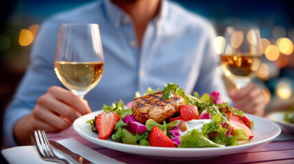 Fine Dining Delight: A close-up shot of a plate filled with a healthy salad and a glass of white wine, setting the scene for a gourmet dining experience. 