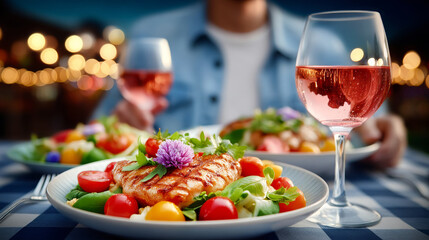 Romantic Dinner: Grilled chicken breast with fresh salad and rose wine. Enjoy a romantic dinner with your loved one.