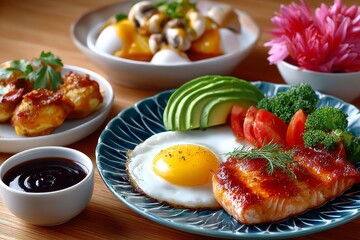 A Culinary Symphony of Flavors: An artful arrangement of diverse dishes, each brimming with fresh ingredients. The vibrant display evokes the essence of gastronomic delight.