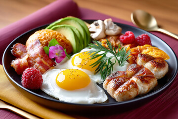 Morning Feast: A vibrant and appetizing breakfast plate presents a visually stunning arrangement of breakfast favorites, capturing the essence of a perfect morning meal.