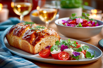 Gourmet Feast: Close-up shot of a delectable gourmet feast, featuring crusty artisan bread, fresh salad with cheese, and glasses of chilled white wine, creating a delightful culinary experience.