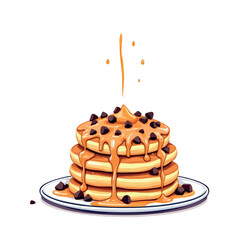 Vsai delicious pancakes with chocolate chips and caramel sauce dripping onto plate