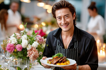 Chef's Delight: A skilled chef beams with pride, presenting a beautifully plated gourmet dish amidst an elegant, floral-adorned dining setting. Capturing culinary artistry and warm hospitality