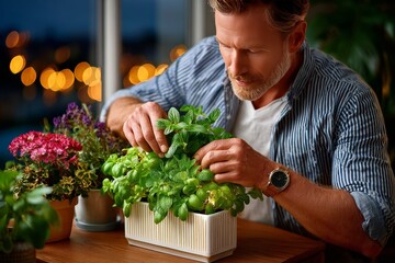 Man Nurturing Green Life: A focused man meticulously tends to a vibrant indoor garden, carefully pruning and nurturing herbs and flowers with dedicated care.