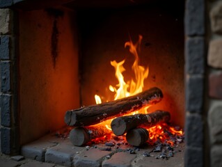 Burning fireplace with decorative tiles warming a rustic home