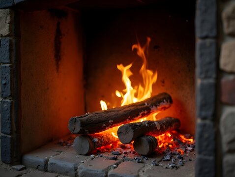 Burning fireplace with decorative tiles warming a rustic home