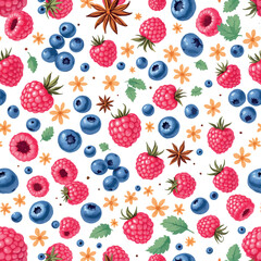 Vsai seamless pattern with ripe raspberries, blueberries, flowers and star anise creating a vibrant design