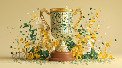 Gold Trophy with Confetti and Ribbons