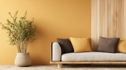 A stylish living room featuring a cozy beige sofa adorned with yellow and brown cushions, beside a decorative plant against a warm yellow wall, creating a harmonious blend.