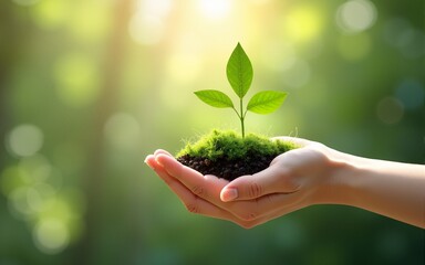Hand growth sustainability concept with arrow, ecology theme, green city environment, clean energy, ecotechnology, earth building, global responsibility, high detail, UHD. High quality