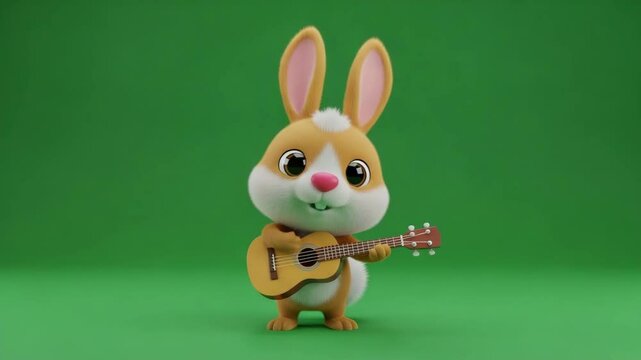3d animation of a rabbit playing guitar on a green screen background