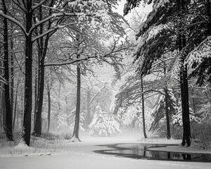 Snow covered winter forest scene with frozen pond