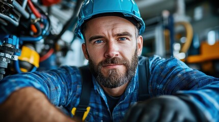 Fototapeta premium A skilled male worker in a blue hard hat stares at the camera with determination, portraying the essence of modern craftsmanship in a dynamic industrial environment.