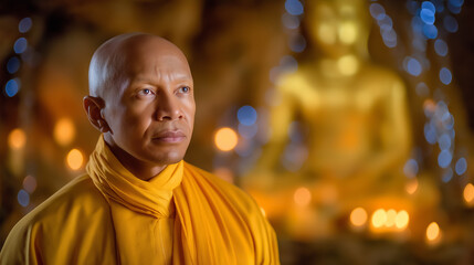 Monk gazing thoughtfully in tranquil setting illuminated by warm candlelight. Calm ambiance enhances spiritual atmosphere. Concept of meditation, mindfulness, spirituality