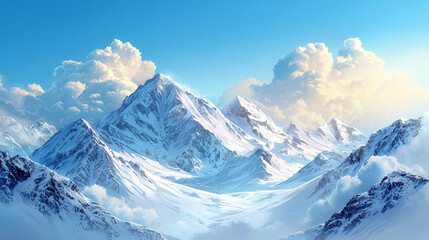 Obraz premium Stunning illustration of majestic snow-covered mountains with serene skies, capturing the beauty and serenity of nature in a peaceful setting