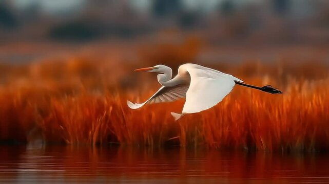 Great Egret in Flight with Autumn Marsh.