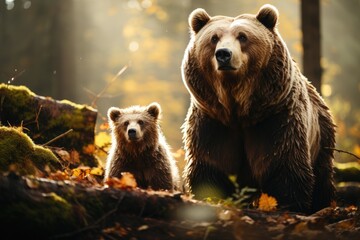 Obraz premium This stunning image captures a mother grizzly bear and her cub amidst a tranquil, sunlit forest, symbolizing the beauty of wildlife and natural habitats.