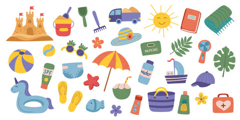 Set of summer travel beach objects isolated on white background. Travel and vacation concept. Vector flat cliparts.