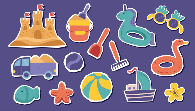 Set of children's sandbox toys stickers isolated on purple background.  Vector hand drawn cliparts.