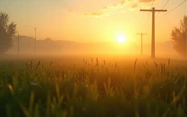 Ultra high-resolution realistic photo of solar energy field at dawn with glowing sunlight and mist over grass for sustainable themes. High quality