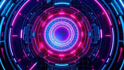 Fototapeta premium Vibrant Neon Circles, Futuristic Tunnel, Digital Art, Sci-Fi Scene