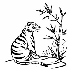 Cute Baby Tiger Sitting Calmly Under Bamboo Tree, Black and White Line Art.

