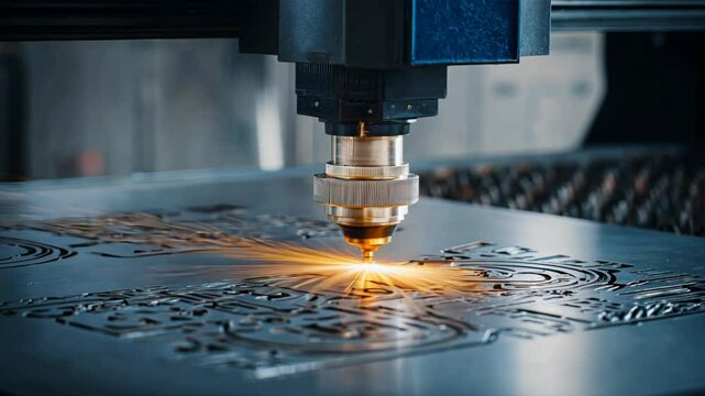 Laser cutting machine engraves detailed pattern on metal sheet using focused beam, high precision process in assembly line with welding sparks