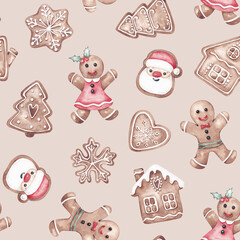 Fototapeta premium Christmas seamless pattern hand painted with watercolor. Traditional Xmas sweets - gingerbreads, candies, cakes. Cute Christmas digital paper, textile, fabric, wallpaper