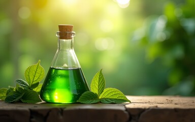 A glass flask filled with bright green liquid sits next to fresh green leaves, illuminated softly by a warm light, This image is perfect for themes of science, nature, sustainability. High quality