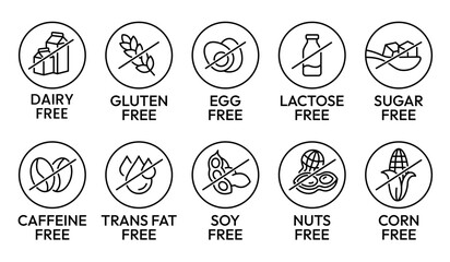 Set allergen free icons. Allergen free label products. Free lactose, gluten, sugar, corn, egg, trans fat, dairy, soy, nuts, caffeine, symbol, logo, badge, black, vector, isolated on white background.