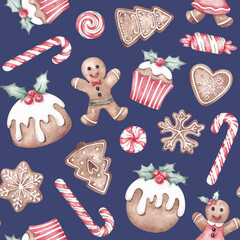 Christmas seamless pattern hand painted with watercolor. Traditional Xmas sweets  - gingerbreads, candies, cakes. Cute Christmas digital paper, textile, fabric, wallpaper