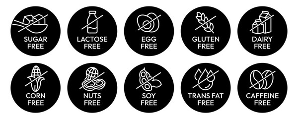 Set allergen free icons. Allergen free label products. Free lactose, gluten, sugar, corn, egg, trans fat, dairy, soy, nuts, caffeine, symbol, logo, badge, black, vector, isolated on white background.