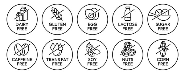 Set allergen free icons. Allergen free label products. Free lactose, gluten, sugar, corn, egg, trans fat, dairy, soy, nuts, caffeine, symbol, logo, badge, black, vector, isolated on white background.