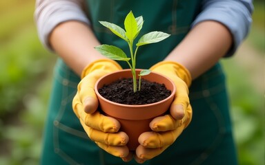 Person holding young green plant in terracotta pot wearing gardening gloves ideal for farming and sustainability themes. High quality