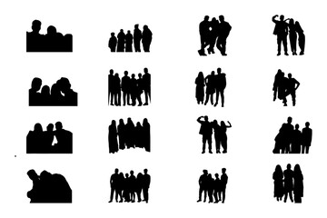 16 set of Group photos black silhouettes on white background. Each silhouette showcases different postures, angles, and types.