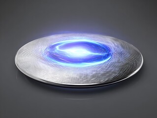 silver sci-fi wireless charging disk rotating glowing energy field reflective metallic texture editorial tech illustration