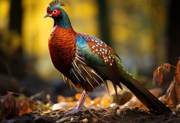 Fototapeta premium A striking male pheasant stands proudly amidst autumn leaves, showcasing its vibrant plumage in a forest that reflects the beauty of nature's seasonal changes.