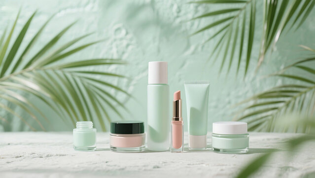 Mint green beauty products with palm leaves