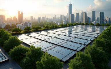 Eco-Friendly Rooftop Panels in a Green City. High quality