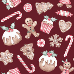 Christmas seamless pattern hand painted with watercolor. Traditional Xmas sweets  - gingerbreads, candies, cakes. Cute Christmas digital paper, textile, fabric, wallpaper