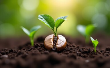 giant coffee bean close-up growing in soil with coffee plant seedlings, perfect for agricultural themes, sustainability concepts, and coffee-related branding. High quality