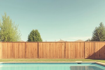 A photograph of a modern wooden fence surrounding a pool area in a backyard outdoors relaxation hardwood.