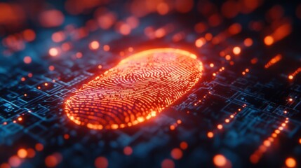 Glowing Fingerprint on Futuristic Circuit Board Digital Security Biometric Authentication Technology