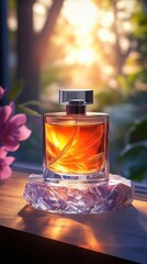 Luxurious Amber Perfume Bottle on Crystal Base Sunset Background Fragrance Beauty