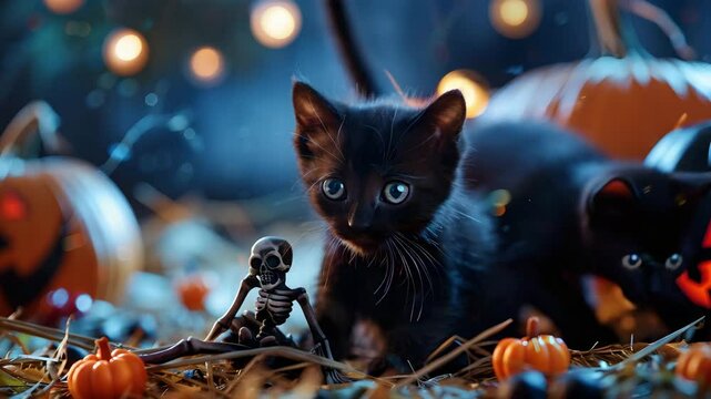 Curious black kitten with bright eyes sits among pumpkins, skeleton toy, and straw in spooky Halloween autumn setting with warm lights