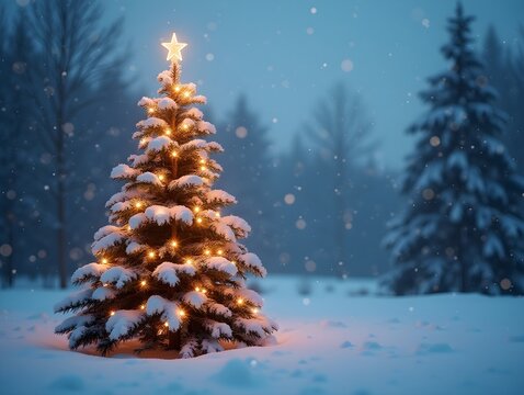 Beautiful decorated snowed in christmas tree in a cold winterlandscape technology