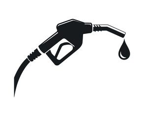 Fuel Nozzle with Dripping Drop of Gasoline in Black Silhouette Isolated on White Background for Design Elements