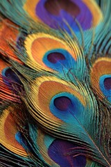Obraz premium Captivating swirl of colors in intricate peacock tail feather detail showcasing nature’s artistry – commercial concept image