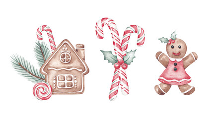 Christmas pastry set. Merry Christmas  illustrations. Hand drawn with watercolor. Christmas card design elements. Christmas bakery collection